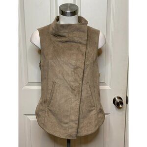 BCBG Max Azria Khaki Brown Faux Suede Asymmetrical Button-Up Vest, Size M